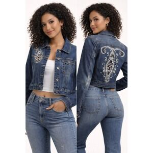 24 Karat Cropped Denim Jacket L Rhinestone Embroidered Y2K Western Blue
